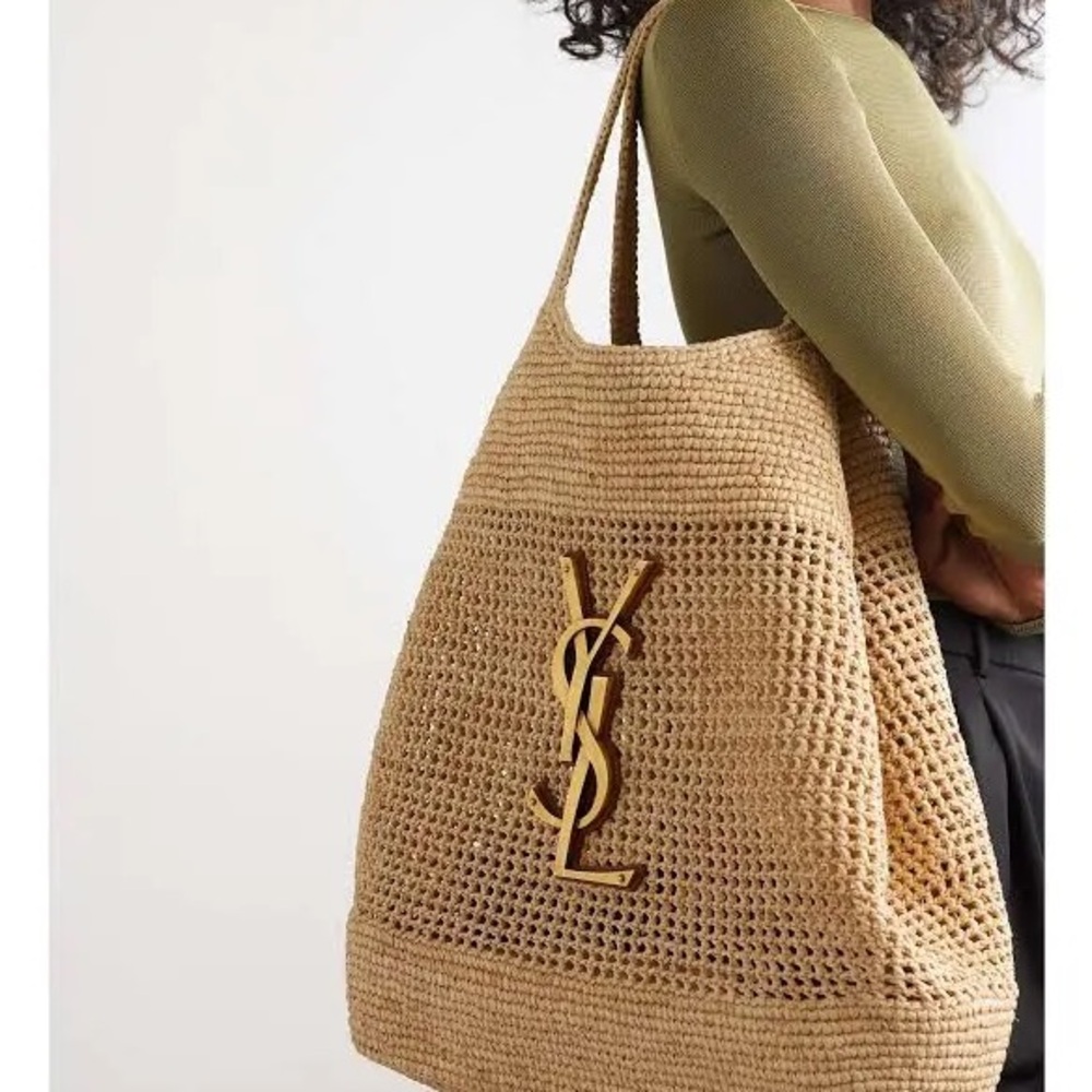 Yves Saint Laurent Tan Woven Tote with Metallic Logo